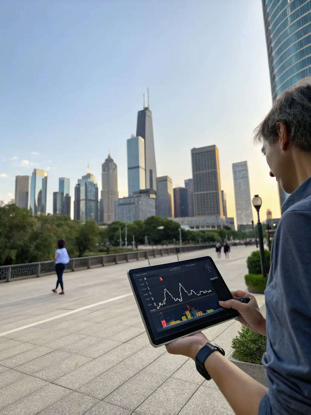 A person analyzing a graph on a tablet with the Bombay Stock Exchange (BSE) building visible in the background.