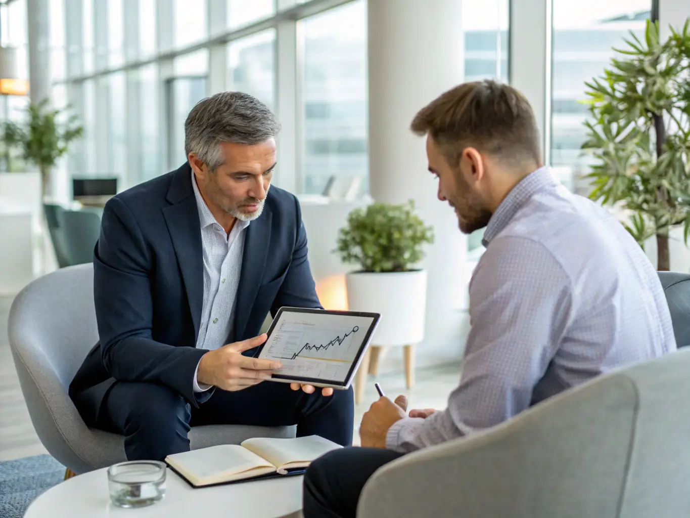 A professional financial advisor discussing investment options with a client in a modern office setting, emphasizing personalized investment planning.