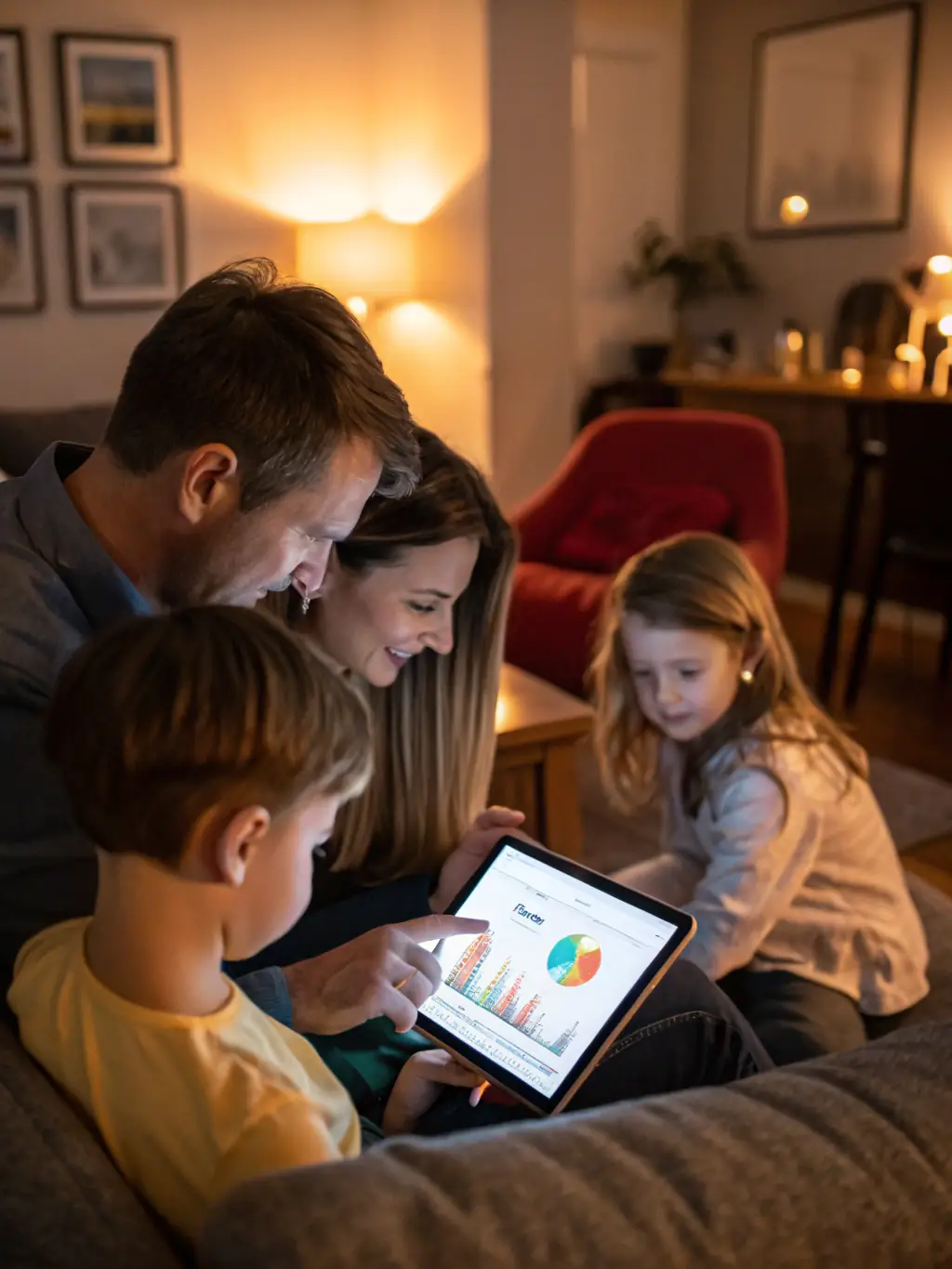 A family happily gathered around a laptop, reviewing their investment portfolio with the Indian Rupee symbol subtly displayed.