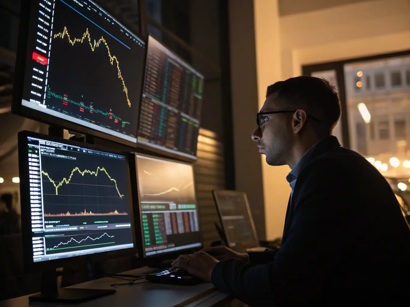 A financial analyst reviewing investment portfolios on multiple screens with market data, highlighting comprehensive portfolio management.