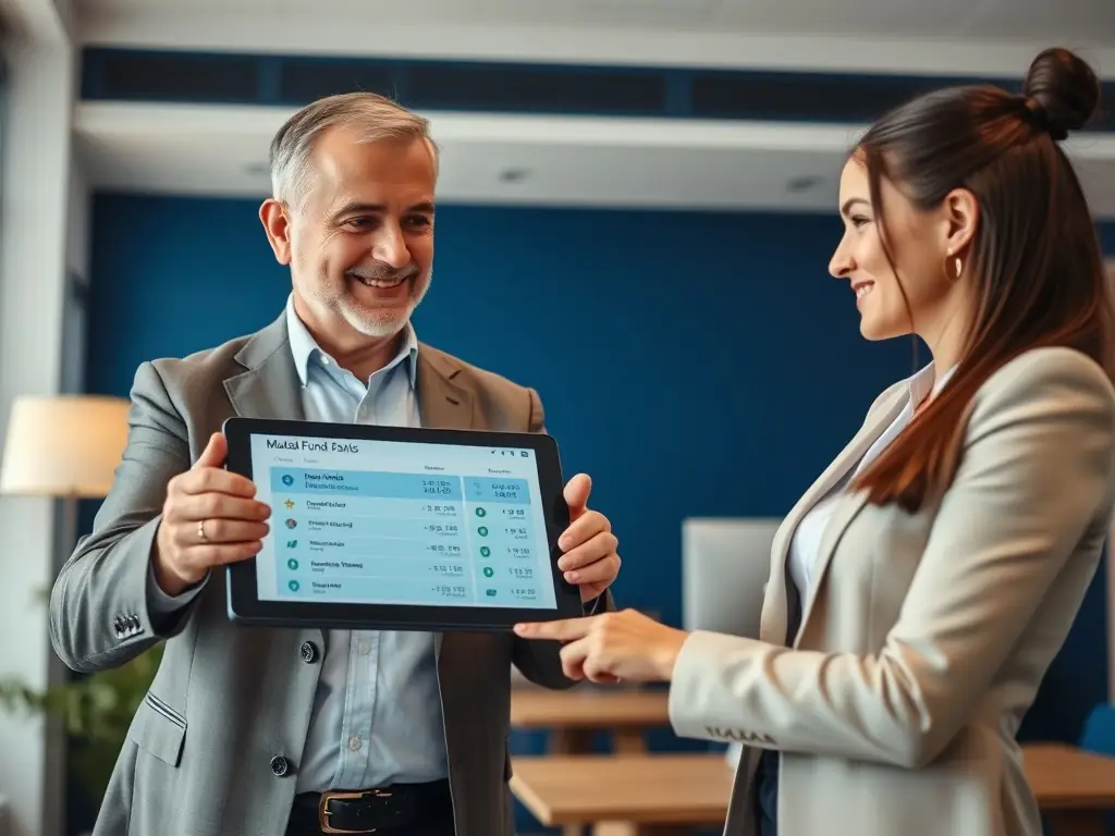 An advisor explaining mutual fund options to a client using a tablet with charts and data, showcasing mutual funds advisory.