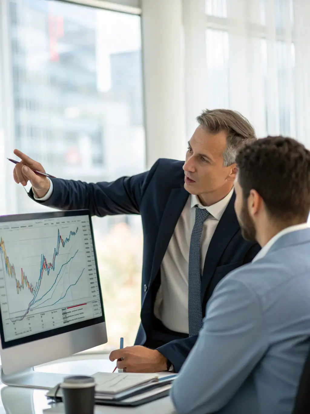 A professional financial advisor in a modern office setting, discussing investment options with an Indian client, with charts and graphs visible in the background.